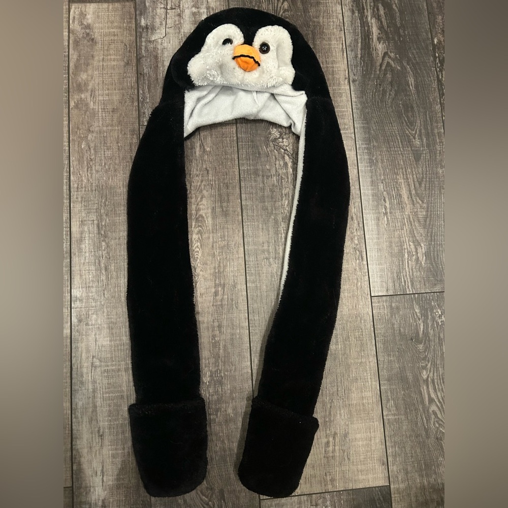 Kid’s Black & White Plush Penguin Hat with built in scarf and mittens